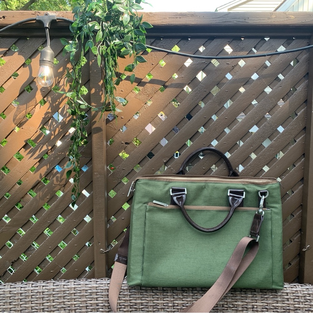 Chic Olive Laptop Bag with Tan and Brown Details